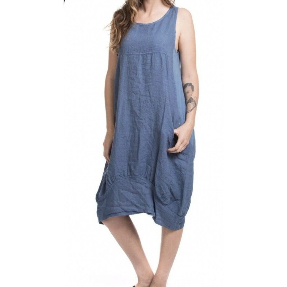 Lungo L’arno 2X 100% Linen Lagenlook Sleeveless Midi Dress Navy Blue Pockets